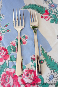 Pastry fork (left) has much wider tines than regular dinner fork (right).
